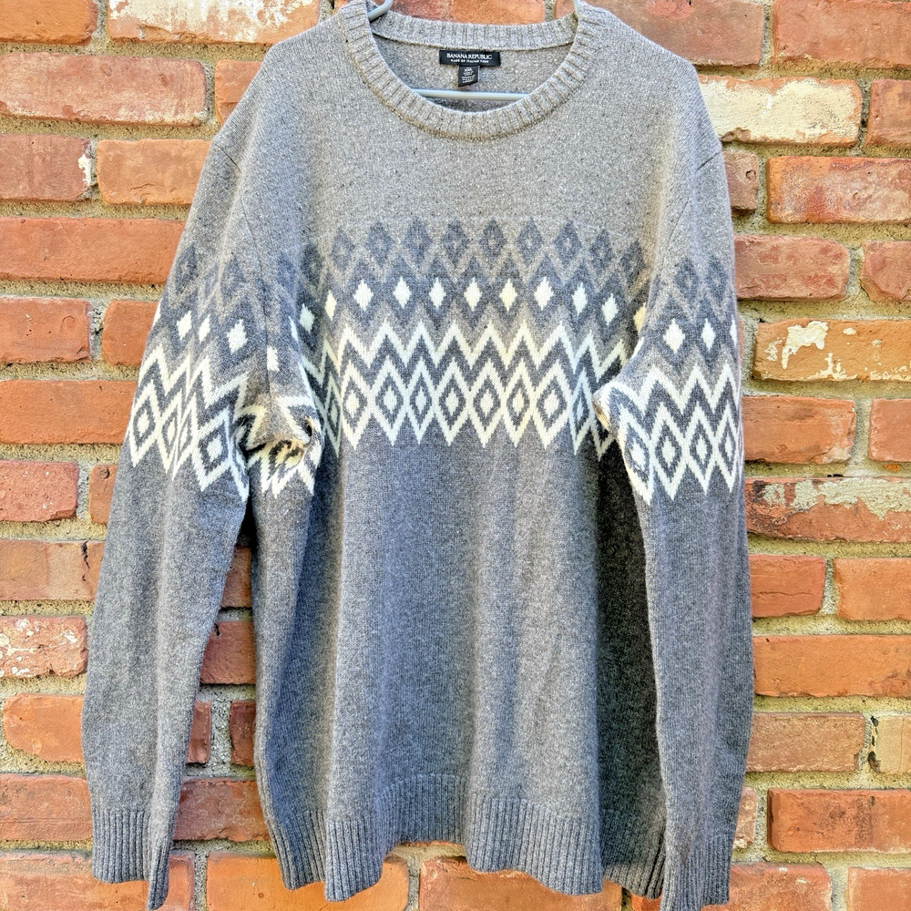 Banana‎ Republic Italian Yarn Merino Wool Fair Isle Sweater Men's XXL Tall Gray
